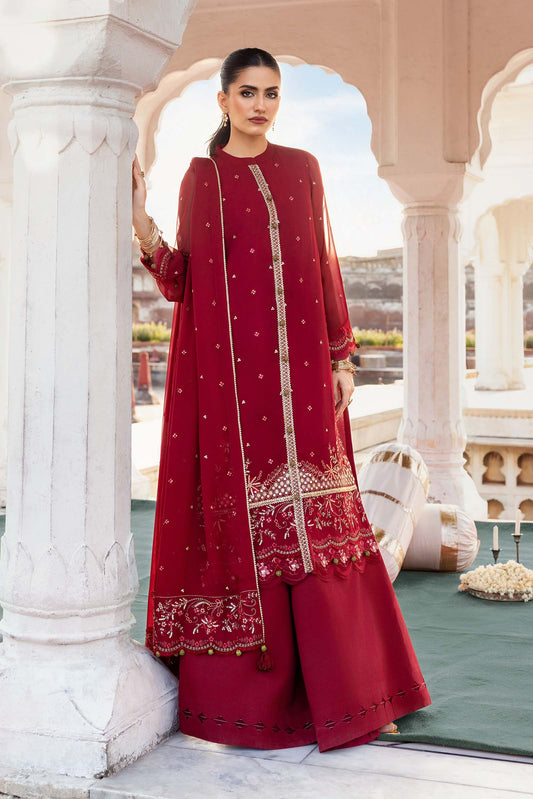 Maria B. MB-FUS25-808 | Luxurious Deep Red Embroidered Chiffon 3-Piece Unstitched Suit