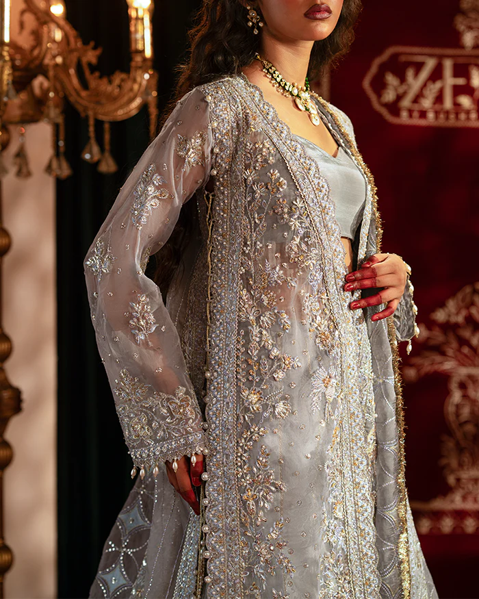 ZEVK Mughal Rani – Hand-Embellished Slate Grey Organza Luxury Ensemble