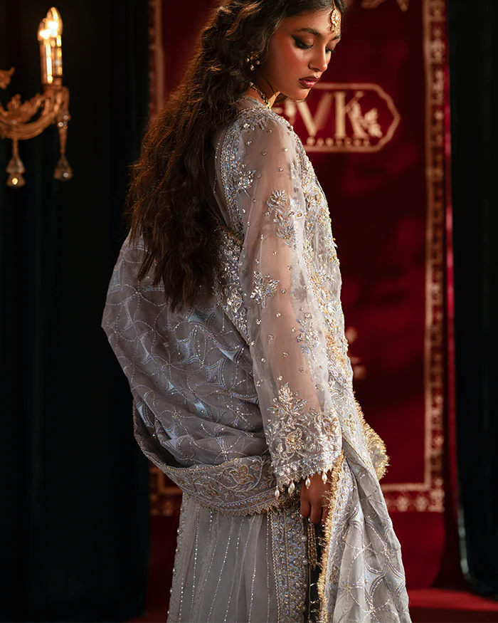 ZEVK Mughal Rani – Hand-Embellished Slate Grey Organza Luxury Ensemble