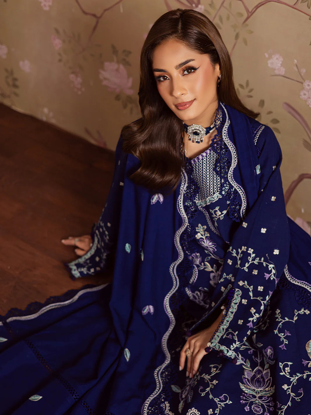 MAHNUR NK-06 | Exquisitely Embroidered Khaddar 3-Piece Unstitched Suit with Embroidered Wool Shawl