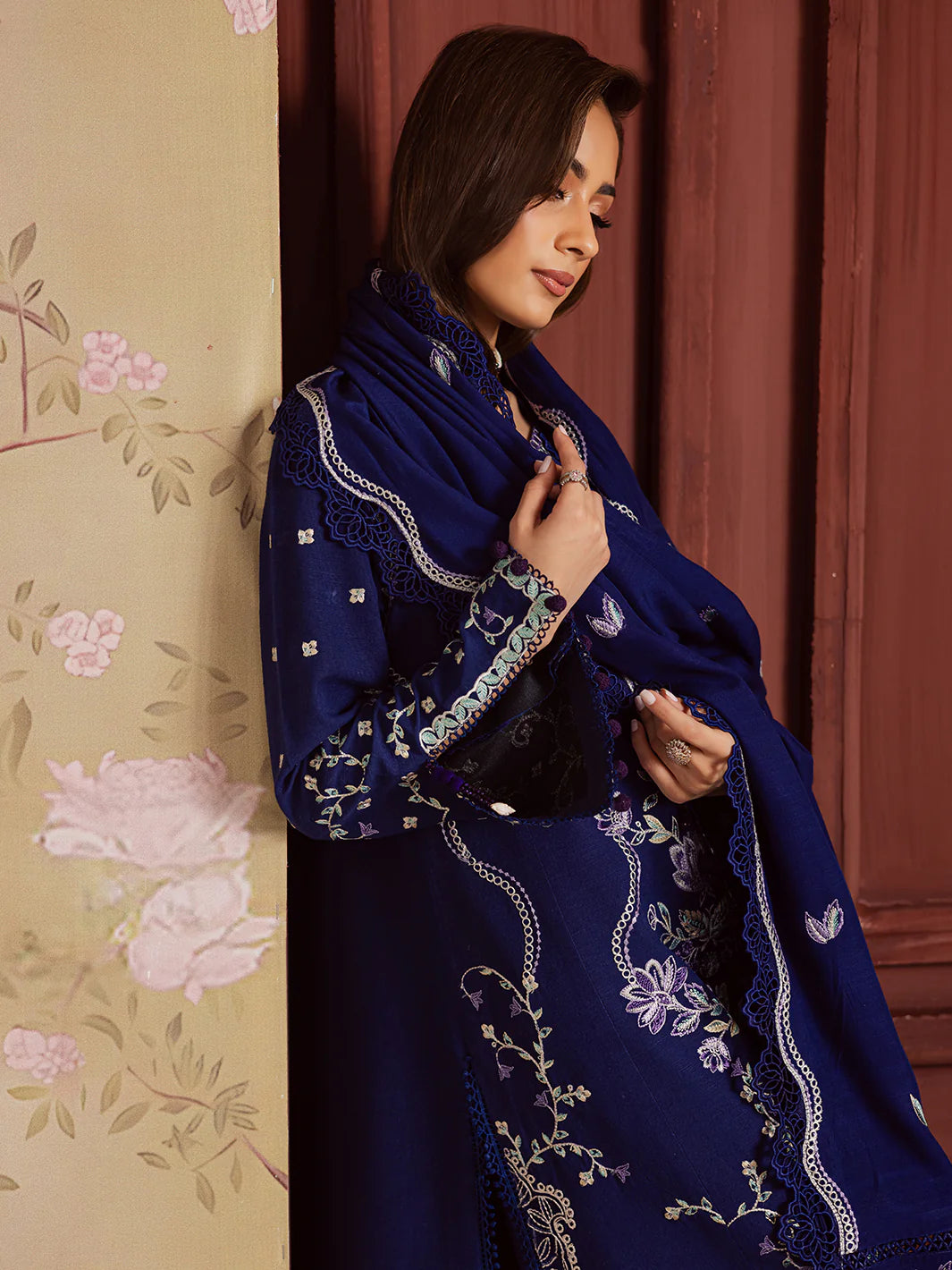 MAHNUR NK-06 | Exquisitely Embroidered Khaddar 3-Piece Unstitched Suit with Embroidered Wool Shawl