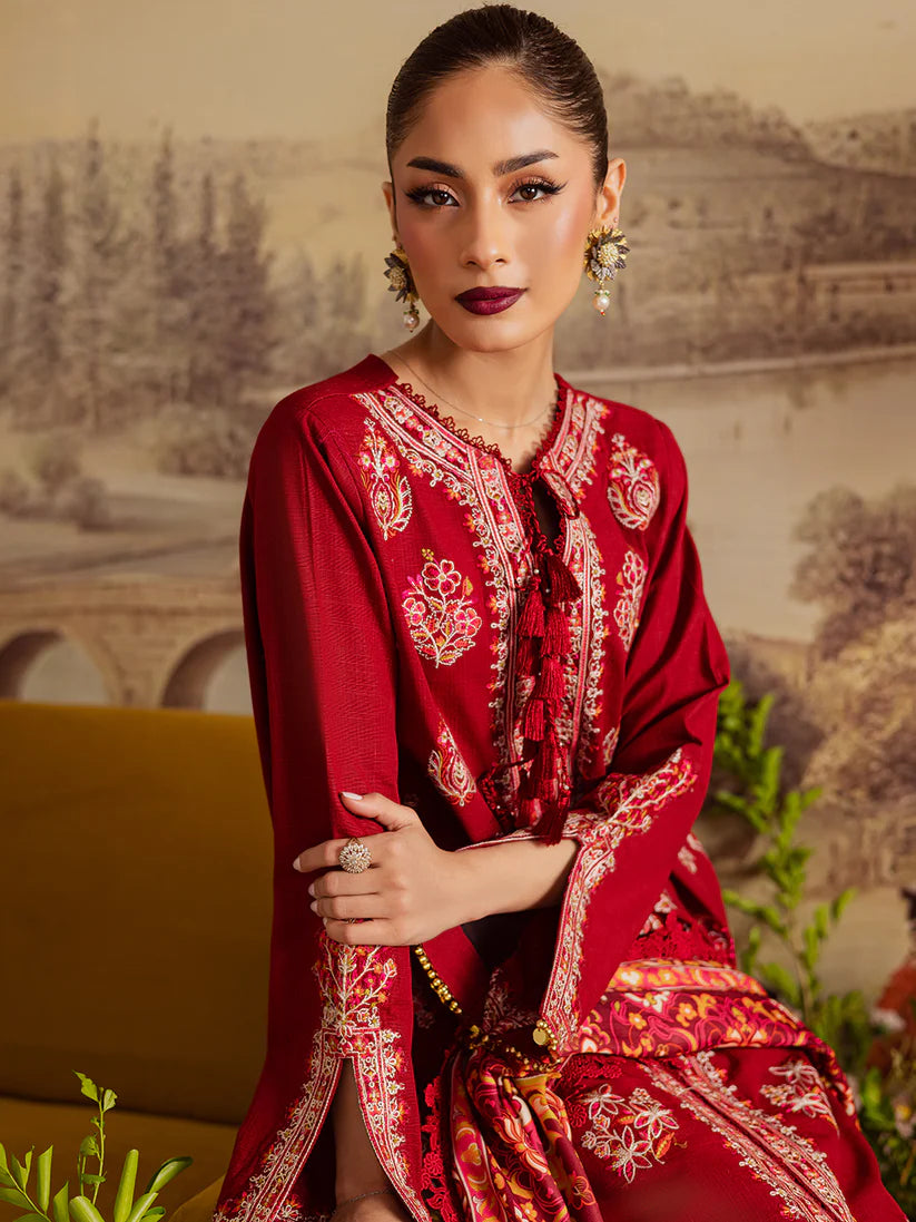 MAHNUR NK-12 | Intricately Embroidered Khaddar 3-Piece Unstitched Suit with Printed Wool Shawl