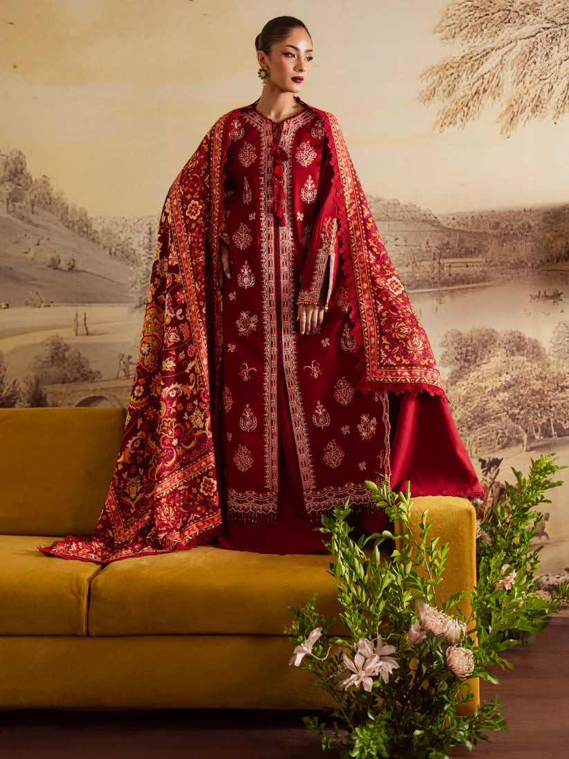 MAHNUR NK-12 | Intricately Embroidered Khaddar 3-Piece Unstitched Suit with Printed Wool Shawl