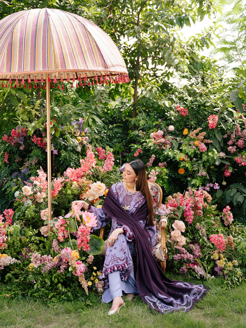 MAHNUR SG-003 | Embroidered Karandi 3-Piece Unstitched Winter Suit with Organza Motifs & Wool Shawl