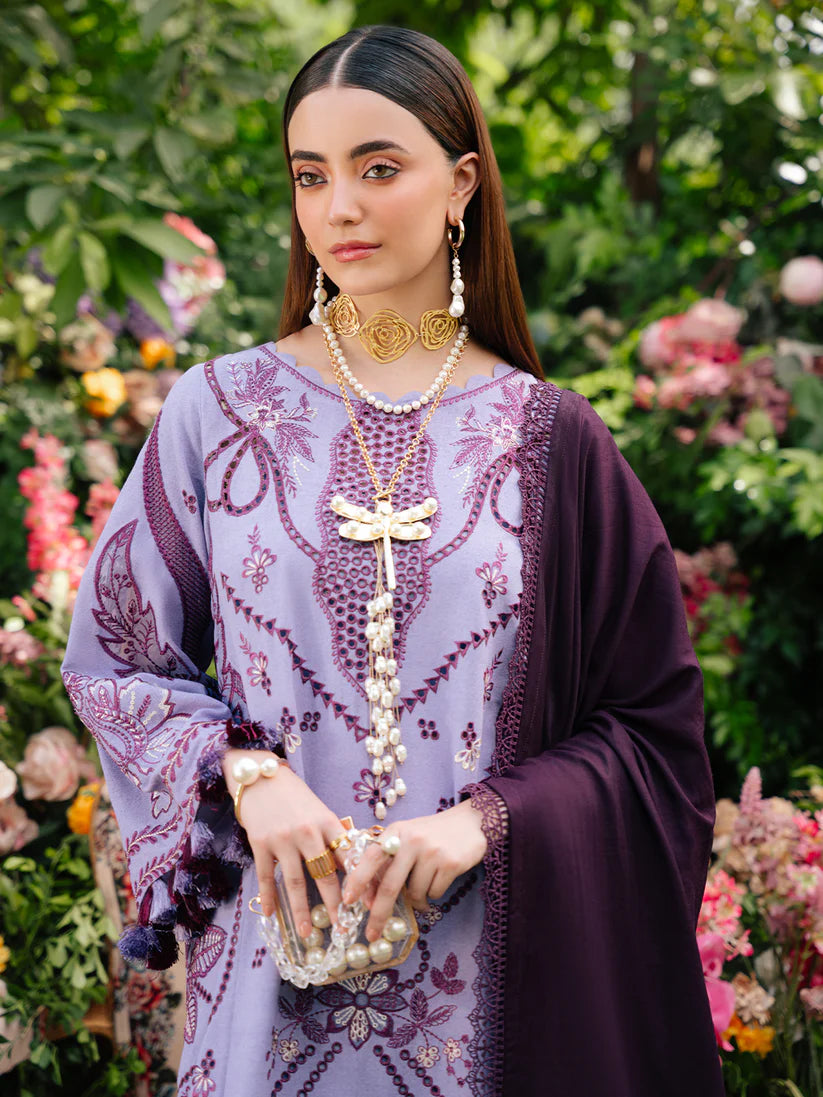 MAHNUR SG-003 | Embroidered Karandi 3-Piece Unstitched Winter Suit with Organza Motifs & Wool Shawl