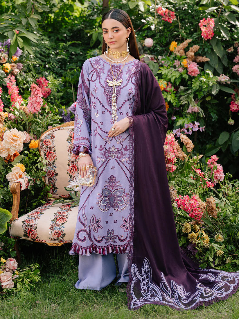 MAHNUR SG-003 | Embroidered Karandi 3-Piece Unstitched Winter Suit with Organza Motifs & Wool Shawl