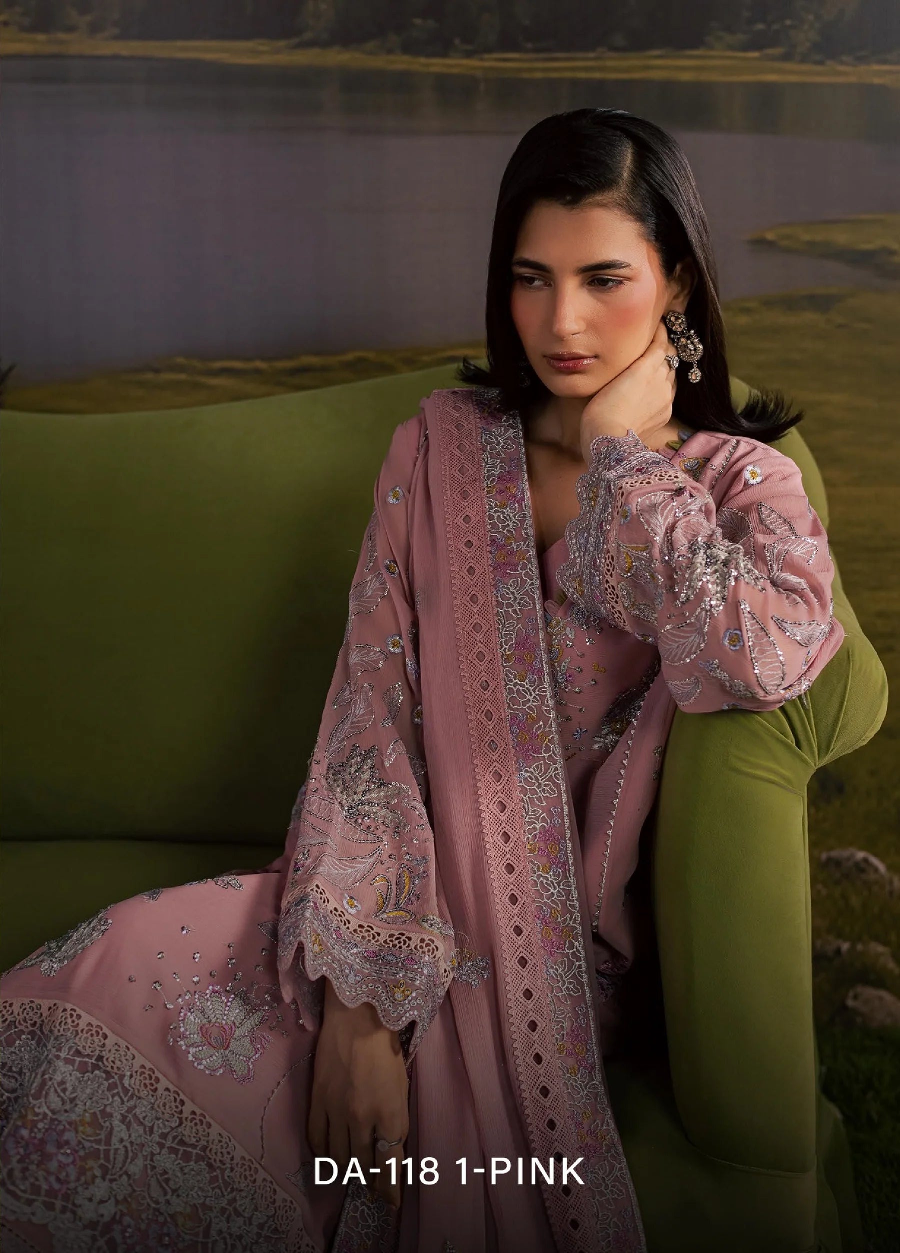 Divani by Daria Unstitched Embroidered Chiffon 4 Piece Suit | DA-118 1-PINK