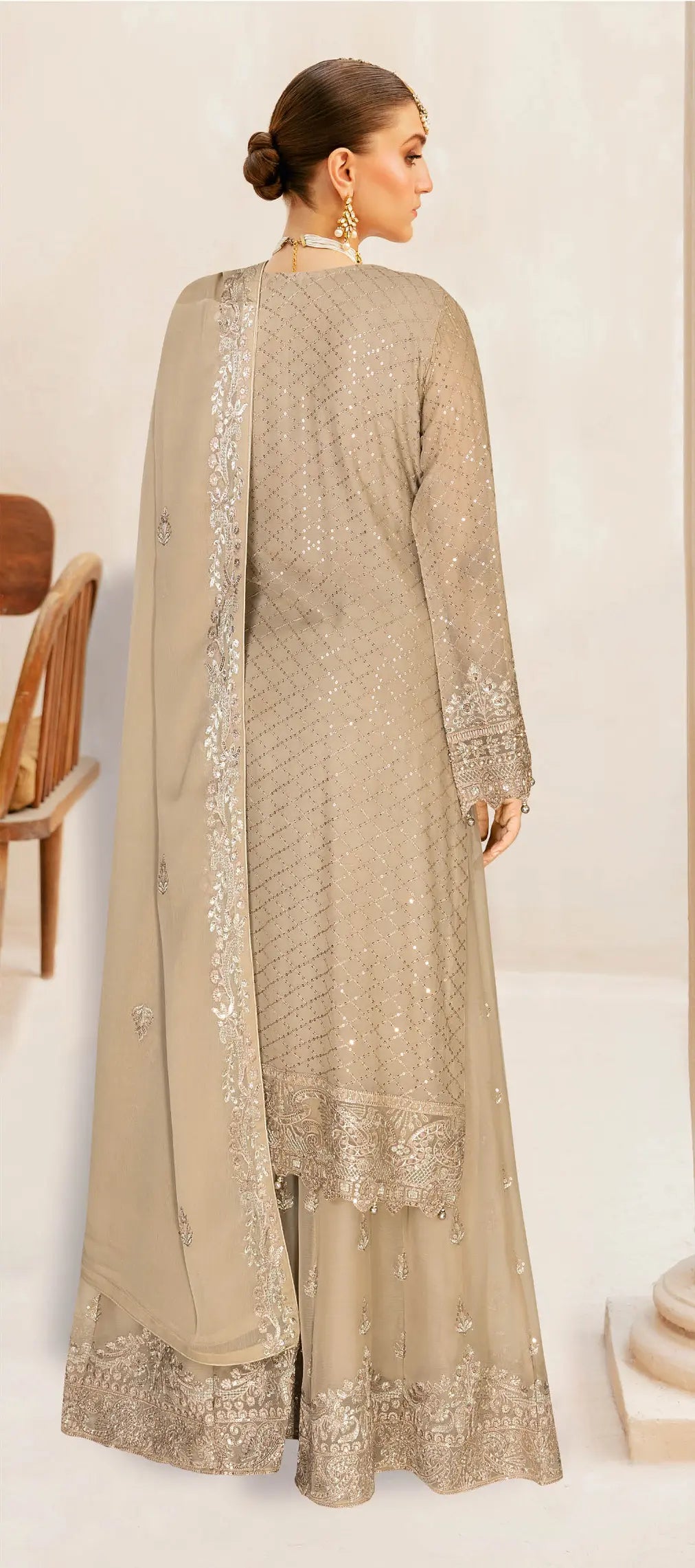 Ramsha WA-449 (WB-449) – Elegant Beige Embroidered Chiffon 3-Piece Suite