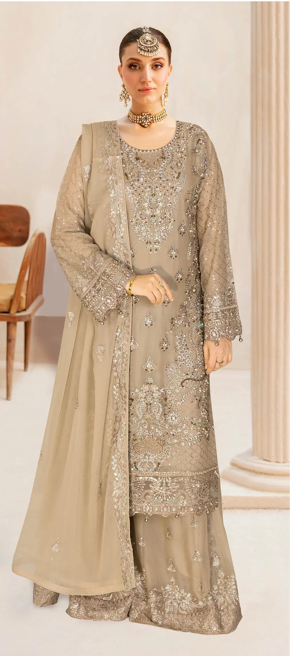 Ramsha WA-449 (WB-449) – Elegant Beige Embroidered Chiffon 3-Piece Suite