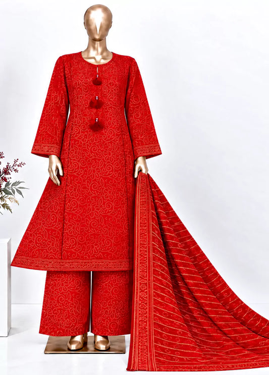 Bin-Saeed 3 Piece Printed Stitched Khaddar Frock with Trouser & Dupatta