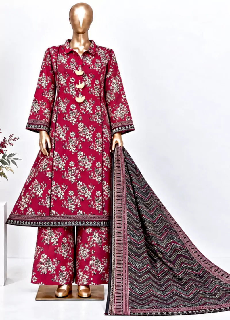 Bin-Saeed 3 Piece Printed Stitched Khaddar Frock with Trouser & Dupatta