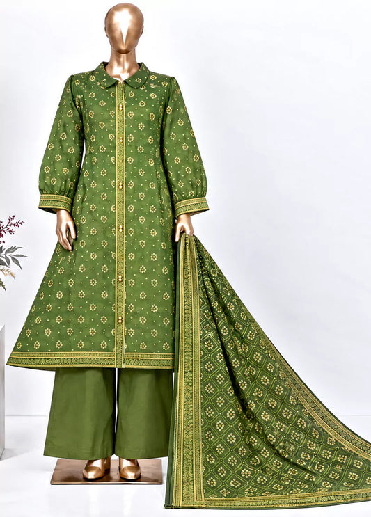 Bin-Saeed 3 Piece Printed Stitched Khaddar Frock with Trouser & Dupatta