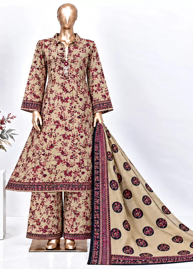 Bin-Saeed 3 Piece Printed Stitched Khaddar Frock with Trouser & Dupatta