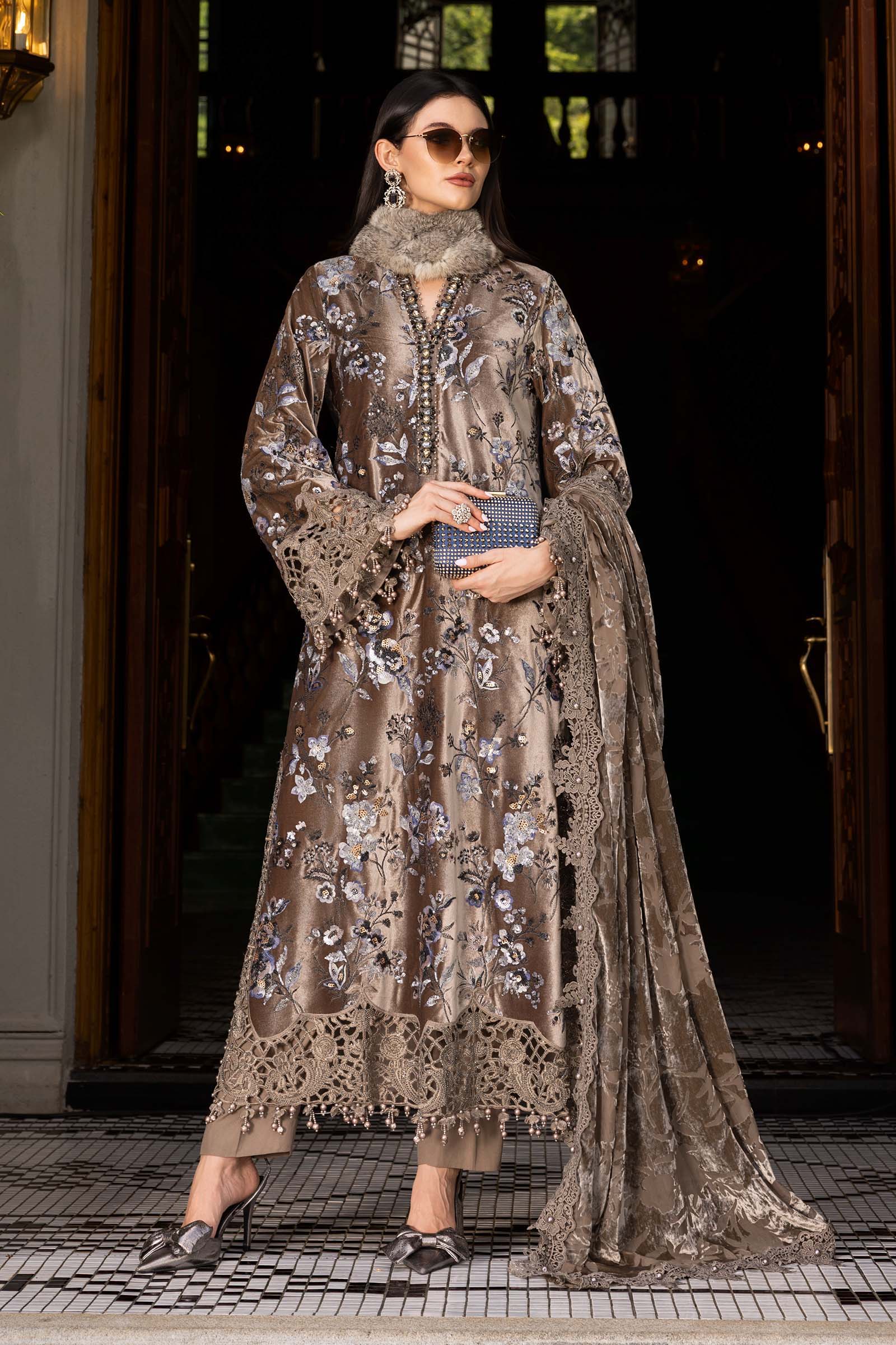 3 Piece Unstitched Embroidered Velvet Suit - MARIA.B