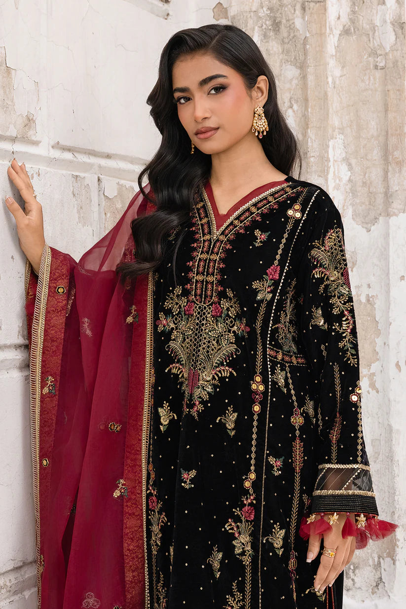 Zellbury Luxury Winter Collection – Embroidered Velvet 3-Piece Unstitched Suit – Midnight Black & Maroon (WULC25E34197)