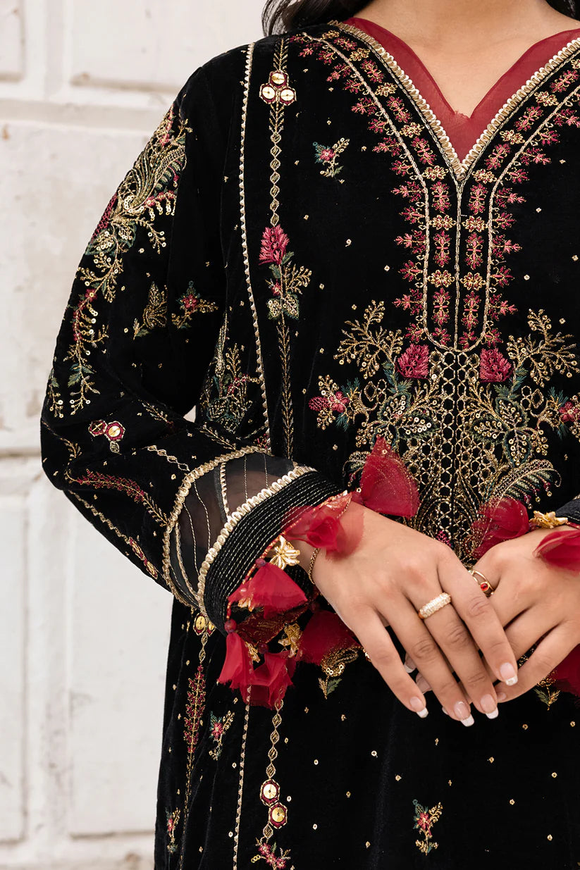 Zellbury Luxury Winter Collection – Embroidered Velvet 3-Piece Unstitched Suit – Midnight Black & Maroon (WULC25E34197)