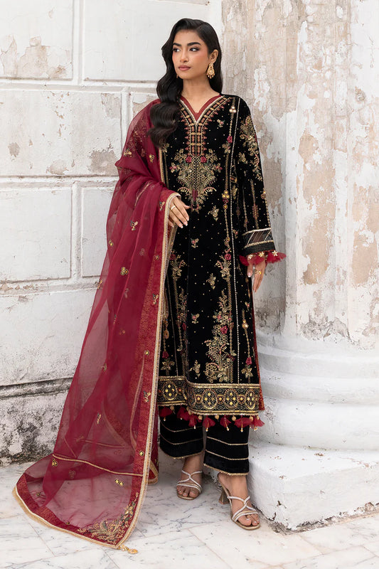 Zellbury Luxury Winter Collection – Embroidered Velvet 3-Piece Unstitched Suit – Midnight Black & Maroon (WULC25E34197)