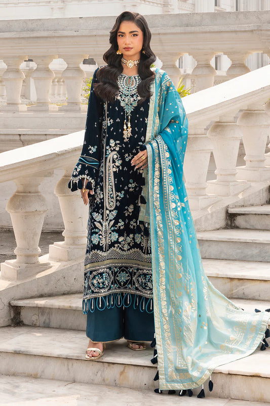 Zellbury Luxury Winter Collection – Embroidered Velvet 3-Piece Unstitched Suit – Teal Blue (WULC25E34198)