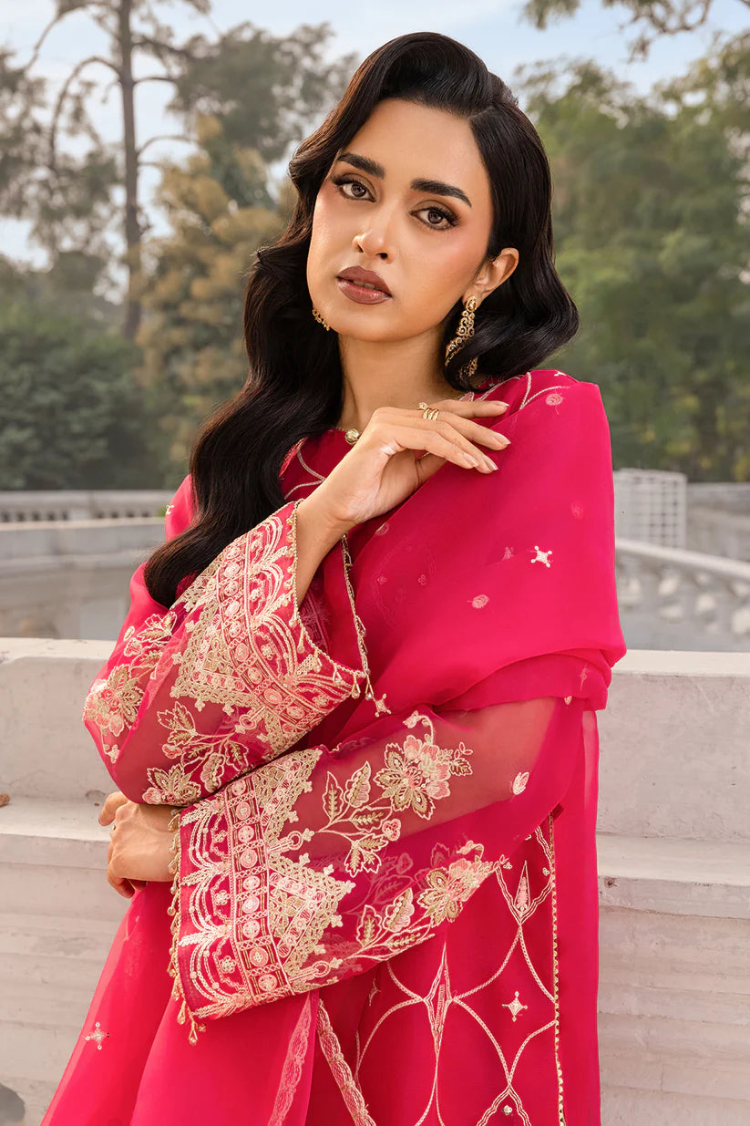Zellbury Women Embroidered Organza Shirt, Shalwar & Dupatta in Pink (3-Piece Unstitched Suit - Style 4202)