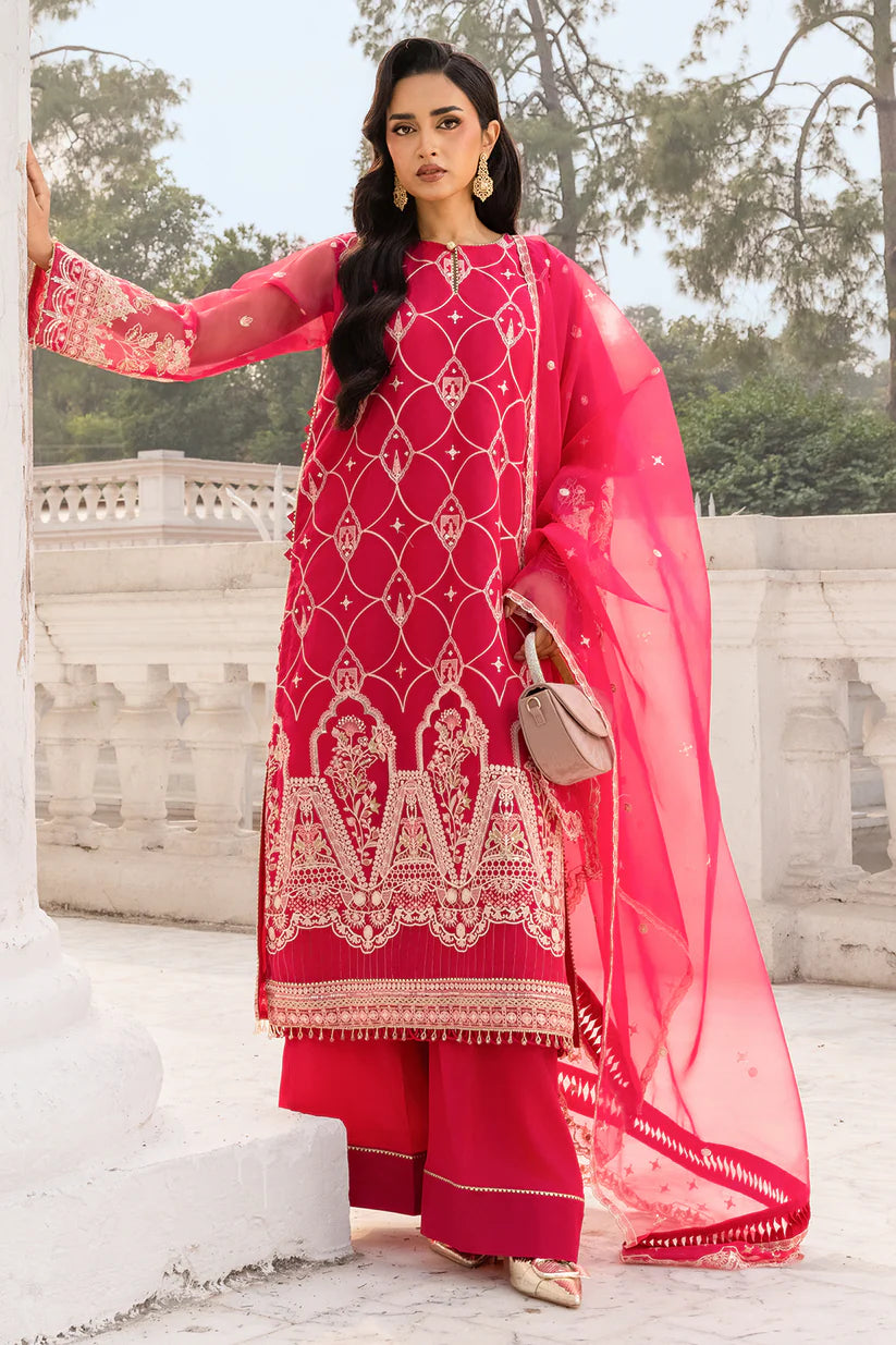 Zellbury Women Embroidered Organza Shirt, Shalwar & Dupatta in Pink (3-Piece Unstitched Suit - Style 4202)