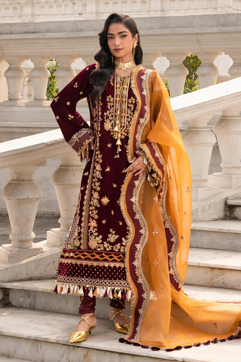 Zellbury Women: Embroidered Velvet Shirt, Shalwar & Dupatta in Maroon (3-Piece Unstitched Suit - Style 4205)