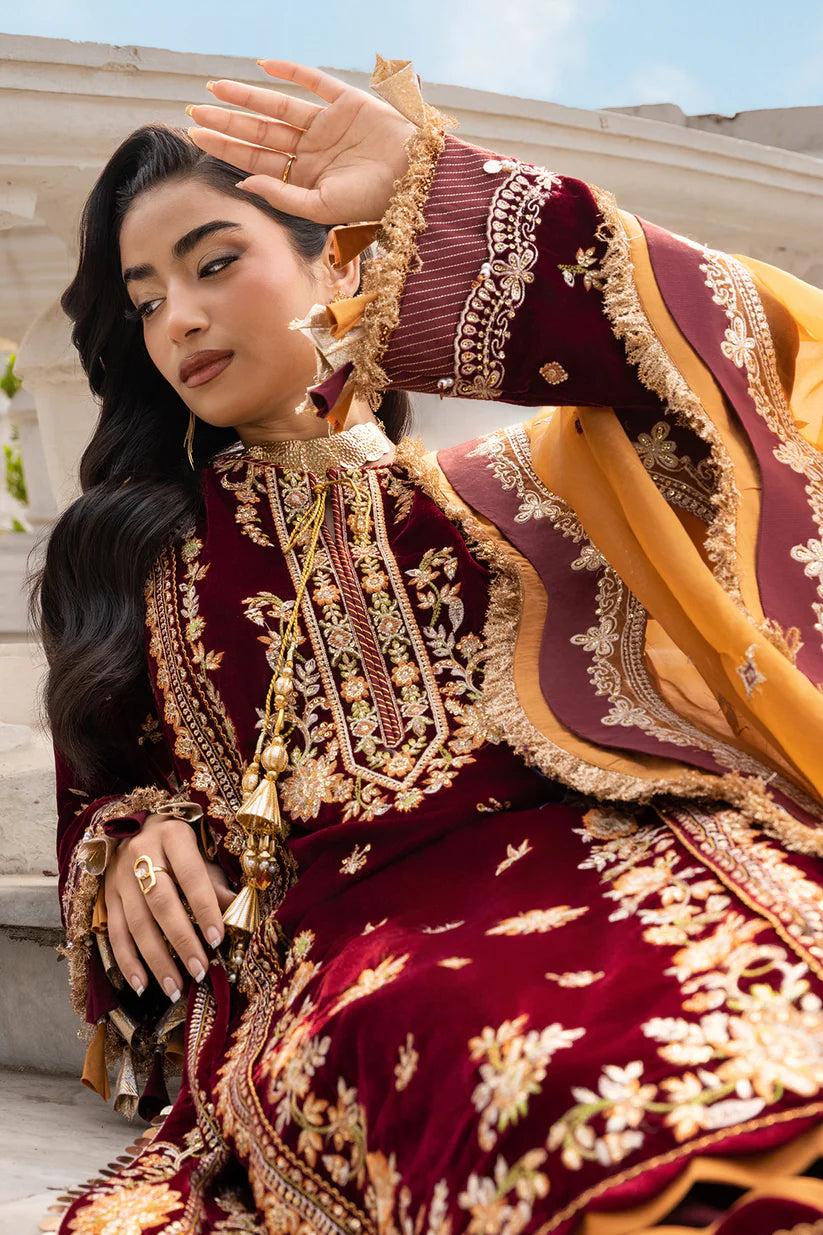Zellbury Women: Embroidered Velvet Shirt, Shalwar & Dupatta in Maroon (3-Piece Unstitched Suit - Style 4205)