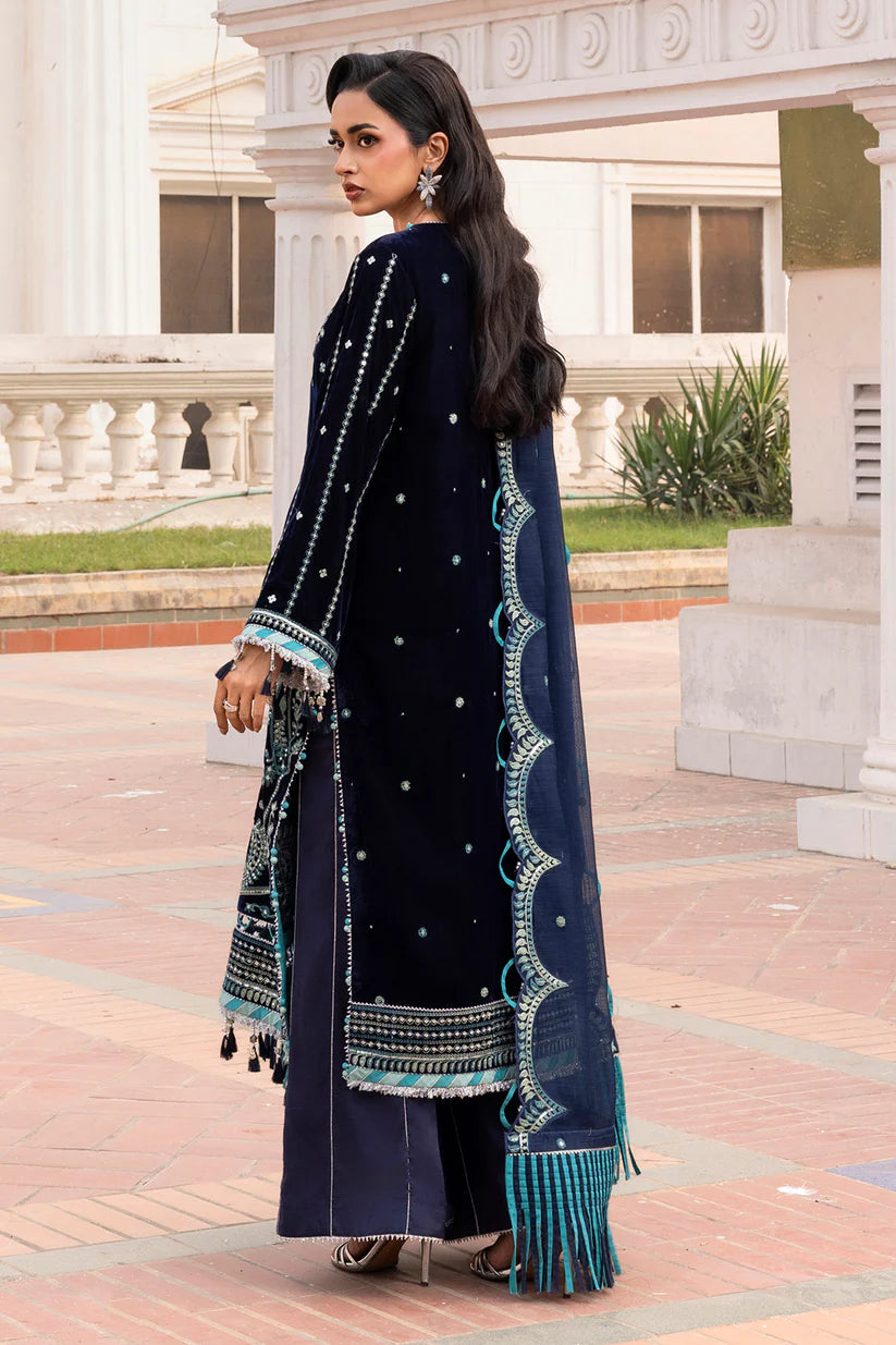Zellbury Women: Embroidered Velvet Shirt, Shalwar & Dupatta in Blue (3-Piece Unstitched Suit - Style 4206)