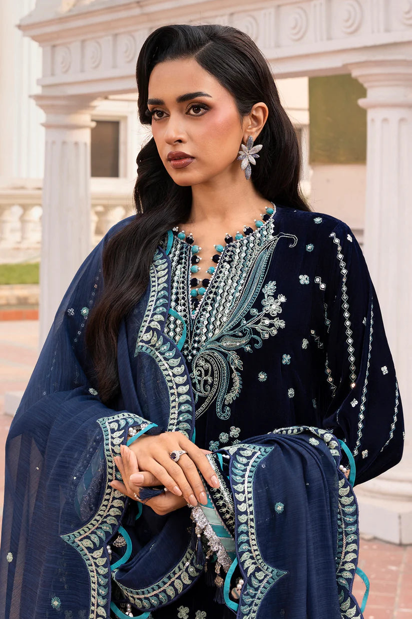 Zellbury Women: Embroidered Velvet Shirt, Shalwar & Dupatta in Blue (3-Piece Unstitched Suit - Style 4206)