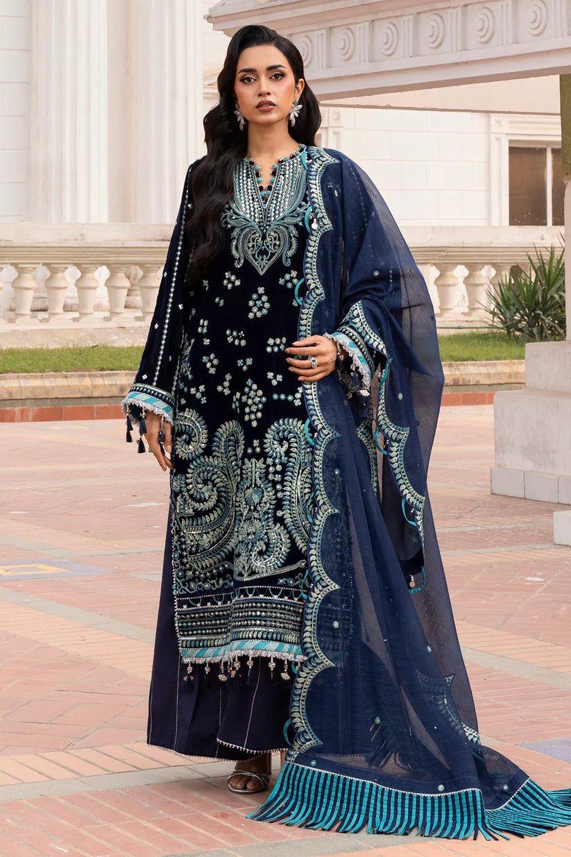 Zellbury Women: Embroidered Velvet Shirt, Shalwar & Dupatta in Blue (3-Piece Unstitched Suit - Style 4206)