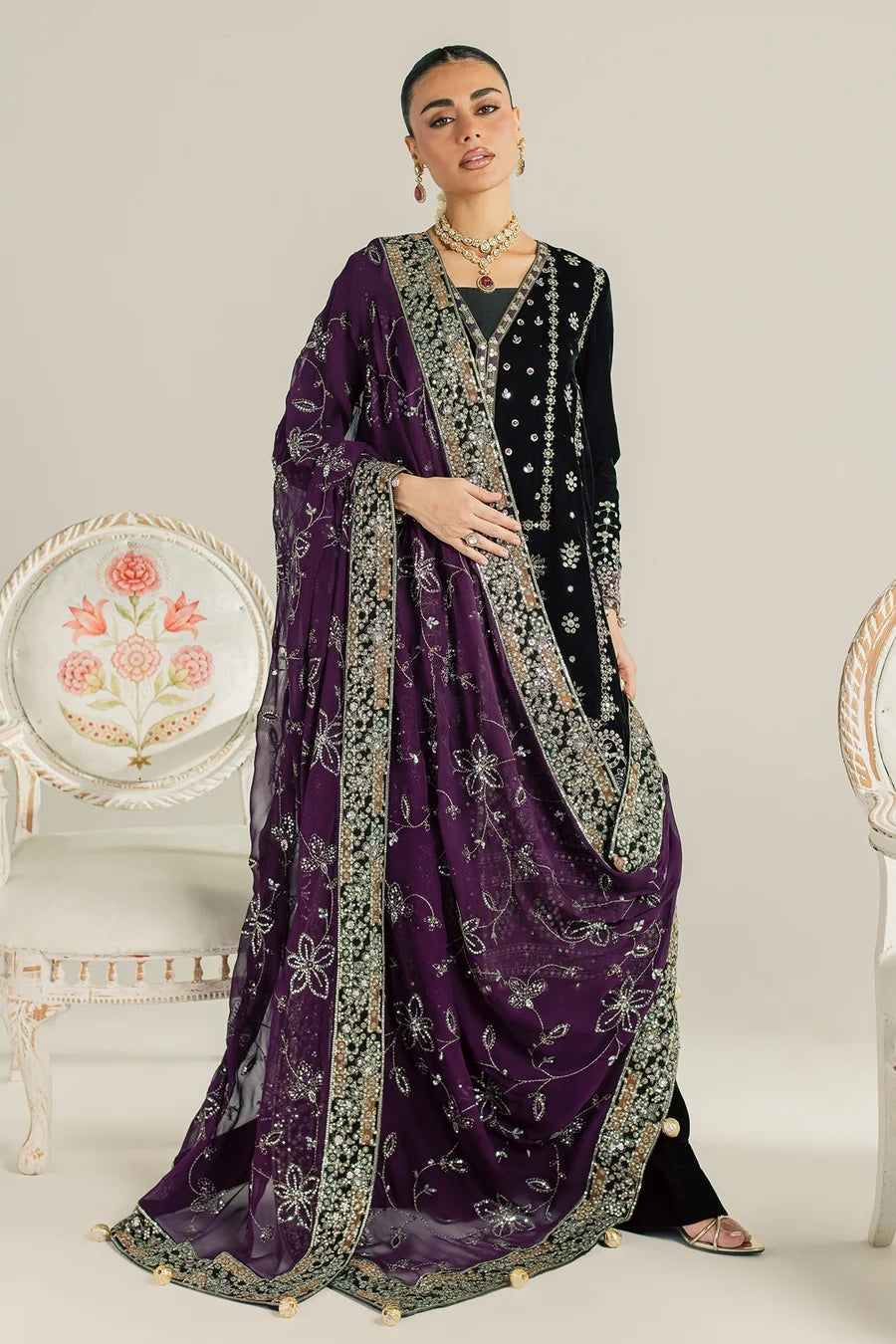 NW-136 | Nureh Maya 3Pc Embroidered And Embellished Velvet