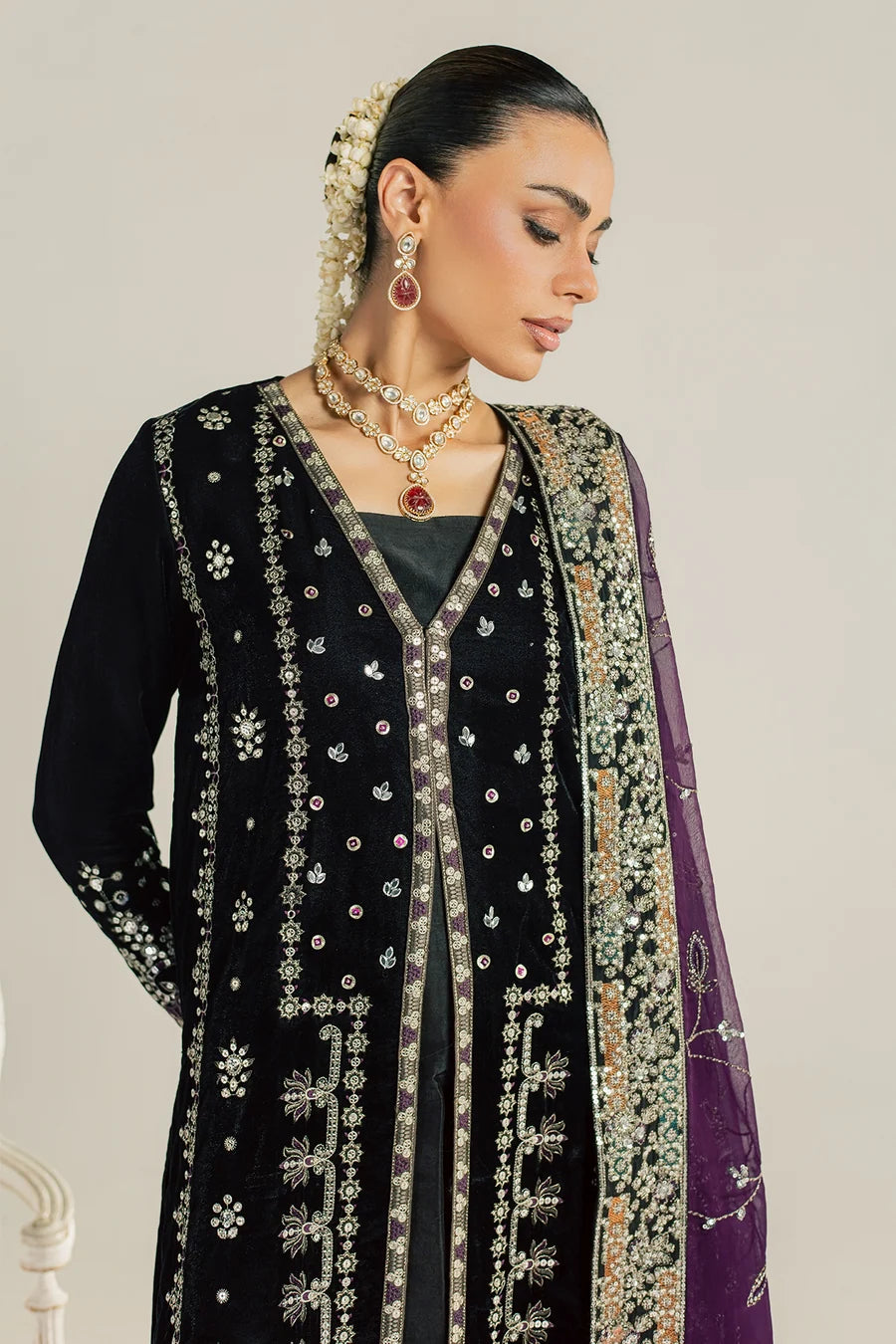 NW-136 | Nureh Maya 3Pc Embroidered And Embellished Velvet