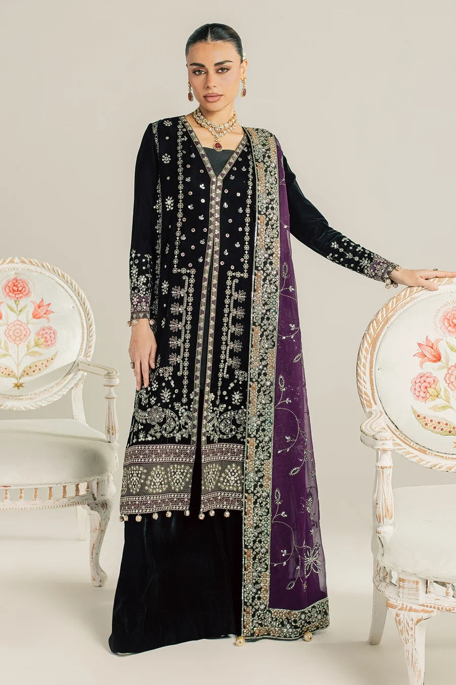 NW-136 | Nureh Maya 3Pc Embroidered And Embellished Velvet
