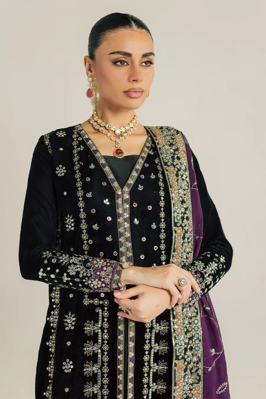 NW-136 | Nureh Maya 3Pc Embroidered And Embellished Velvet