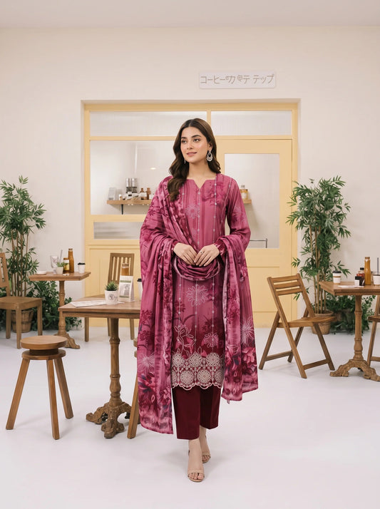 MIRAAS BY TAWAKKAL 3pcs Un-Stitched Emb Printed Staple- D-5930