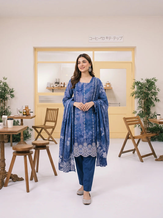 MIRAAS BY TAWAKKAL 3pcs Un-Stitched Emb Printed Staple- D-5932