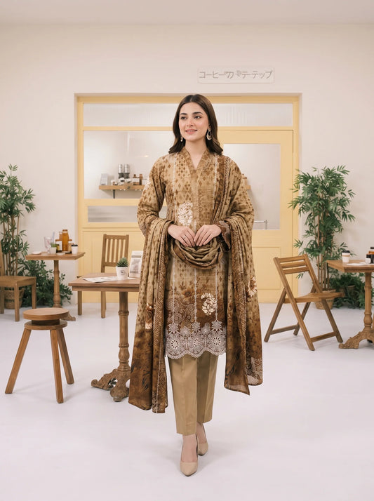 MIRAAS BY TAWAKKAL 3pcs Un-Stitched Emb Printed Staple- D-5931