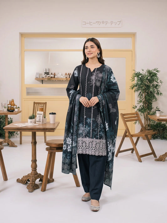 MIRAAS BY TAWAKKAL 3pcs Un-Stitched Emb Printed Staple- D-5928
