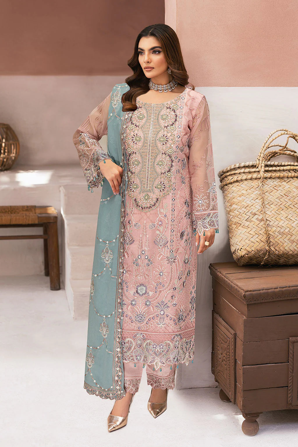 Ramsha  M-1307 | Luxury Embroidered Organza Suit with Hand Embellishment