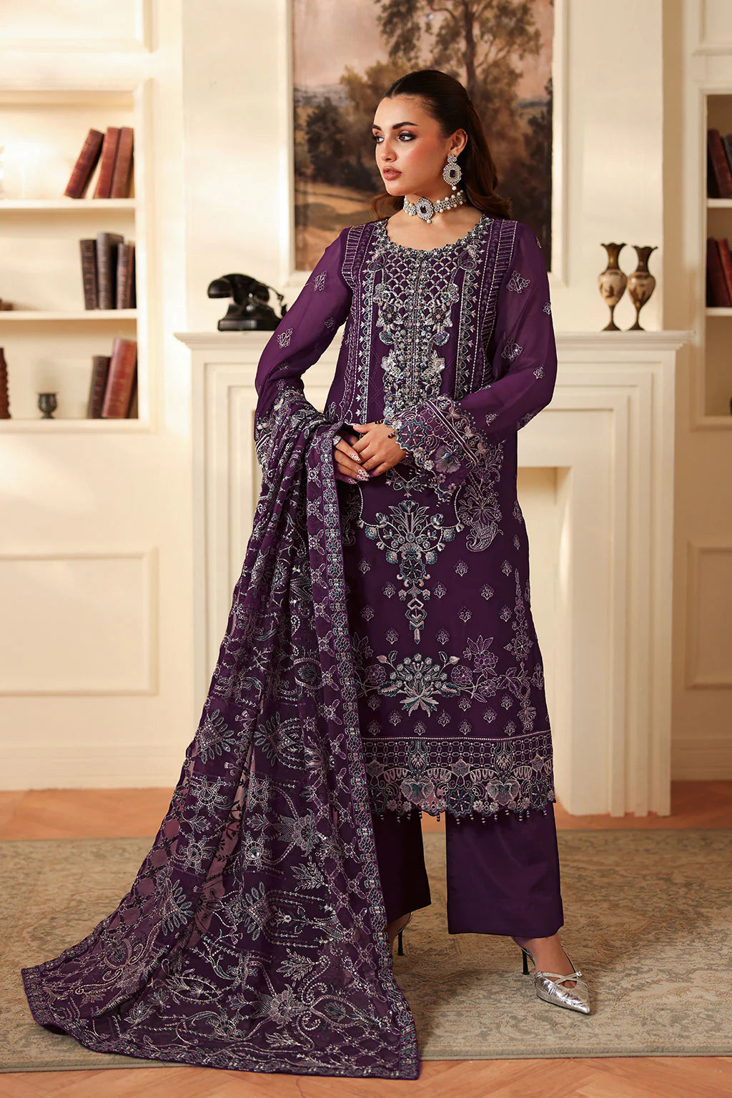 DASTAN  by Ramsha T-406 Luxury Chiffon Suit - Intricately Embroidered Formal Ensemble with Hand-Embellished Organza Neckline & Sequin Shawl (Unstitched 3-Piece)