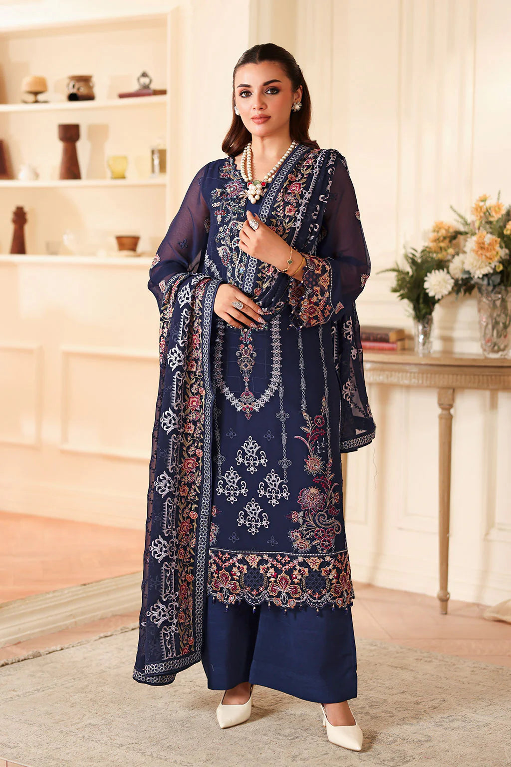 Ramsha Festive T-408 - Premium Embroidered Chiffon 3-Piece Ensemble with Hand-Embellished Organza Detailing (Unstitched)