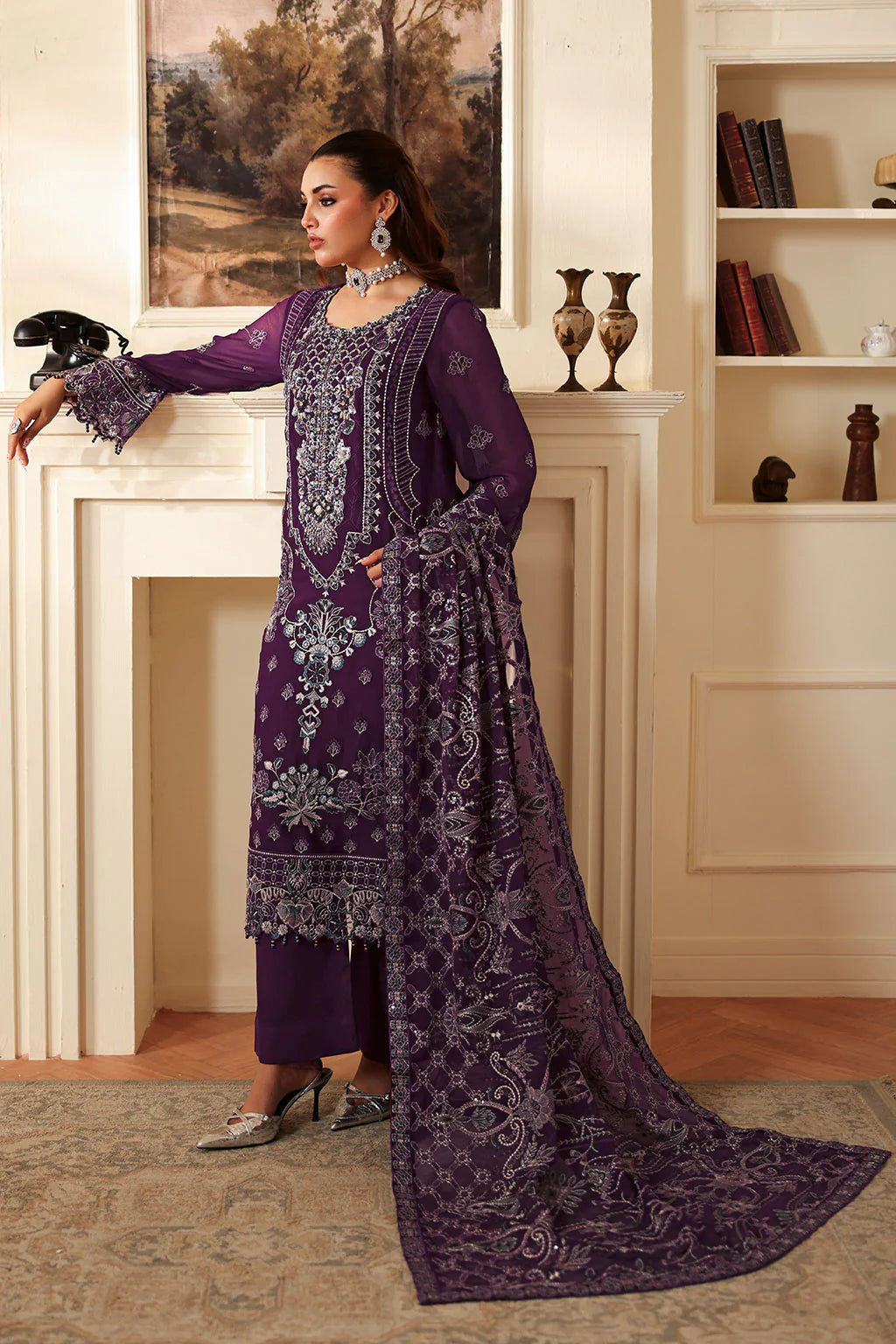 DASTAN  by Ramsha T-406 Luxury Chiffon Suit - Intricately Embroidered Formal Ensemble with Hand-Embellished Organza Neckline & Sequin Shawl (Unstitched 3-Piece)