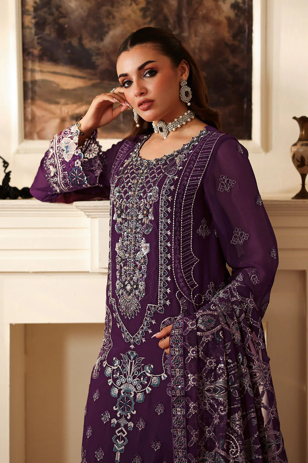 DASTAN  by Ramsha T-406 Luxury Chiffon Suit - Intricately Embroidered Formal Ensemble with Hand-Embellished Organza Neckline & Sequin Shawl (Unstitched 3-Piece)