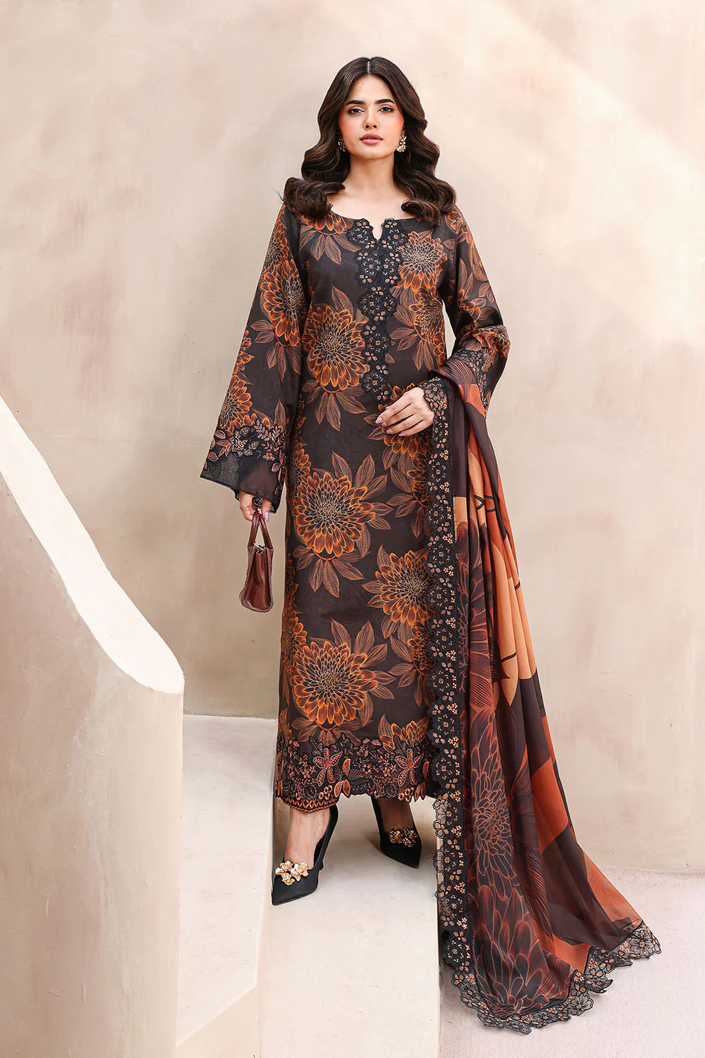 Ramsha RS-02 | Espresso Brown Digital Printed Raw Silk 3-Piece Suit with Luxury Embroidered Organza Details