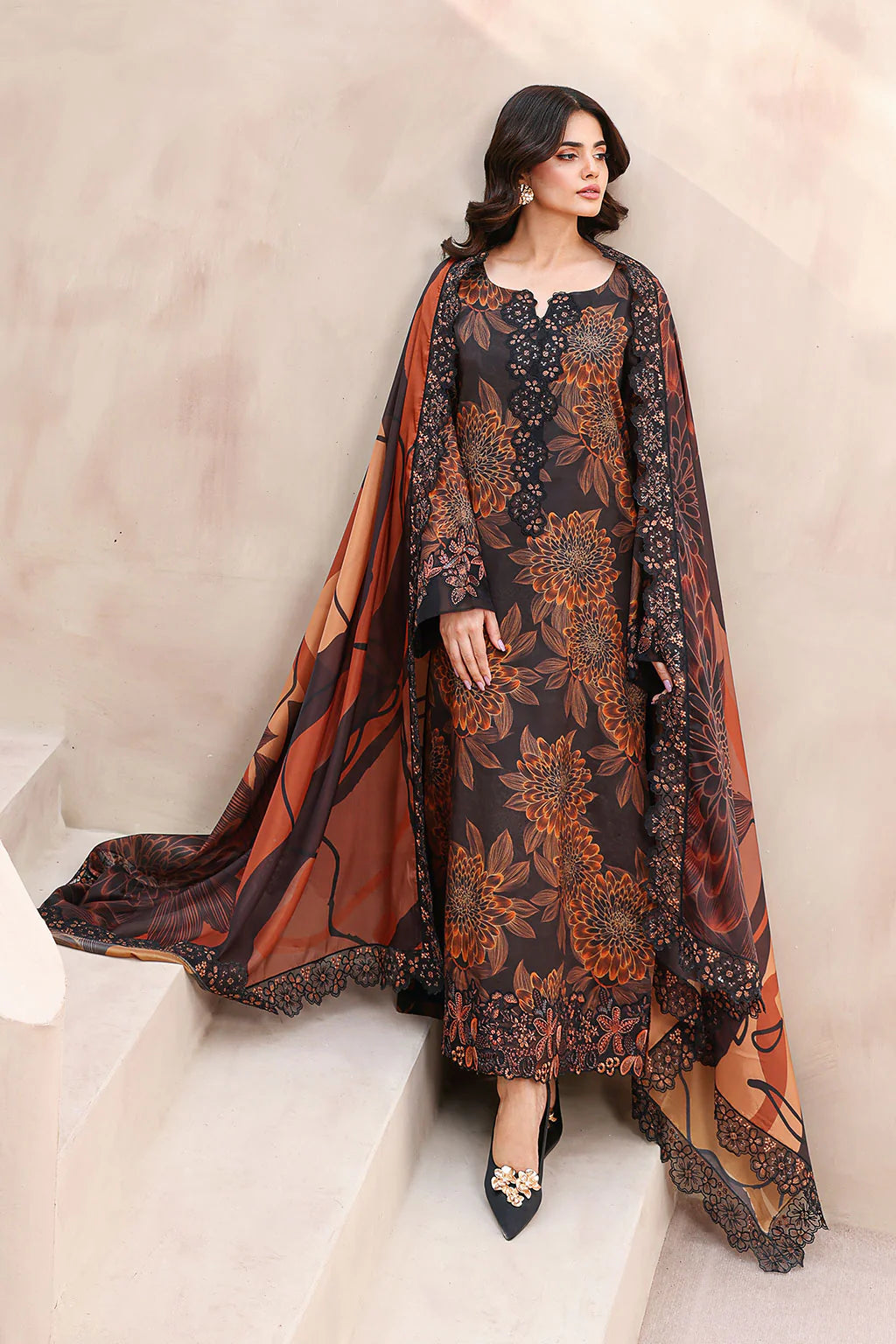 Ramsha RS-02 | Espresso Brown Digital Printed Raw Silk 3-Piece Suit with Luxury Embroidered Organza Details