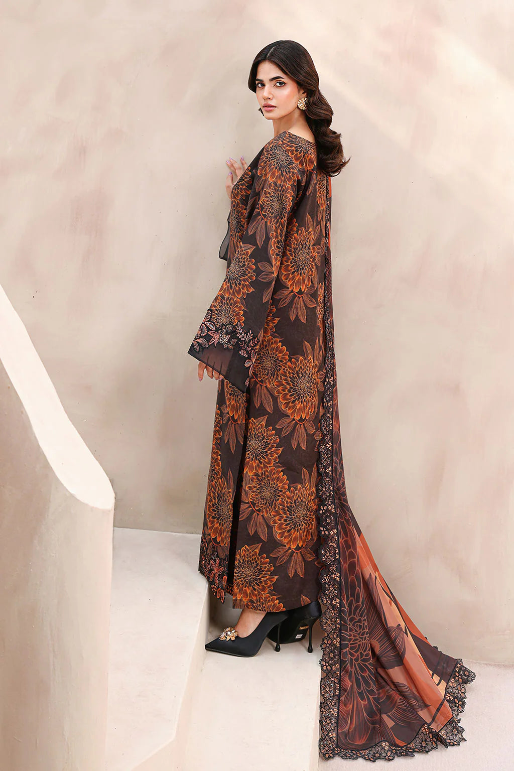Ramsha RS-02 | Espresso Brown Digital Printed Raw Silk 3-Piece Suit with Luxury Embroidered Organza Details