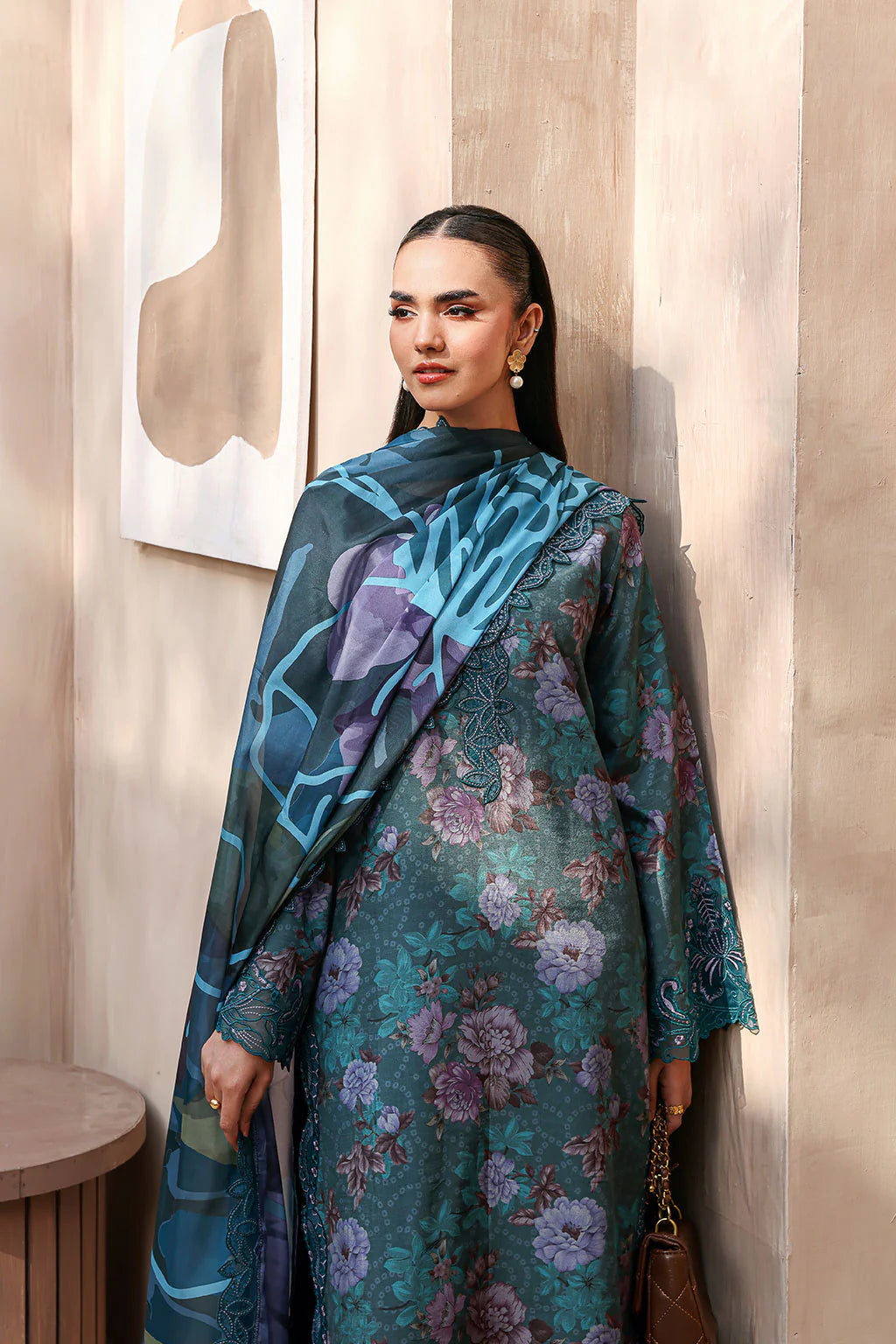 Ramsha RS-03 | Digital Printed Raw Silk 3-Piece Suit with Embroidered Organza Accents