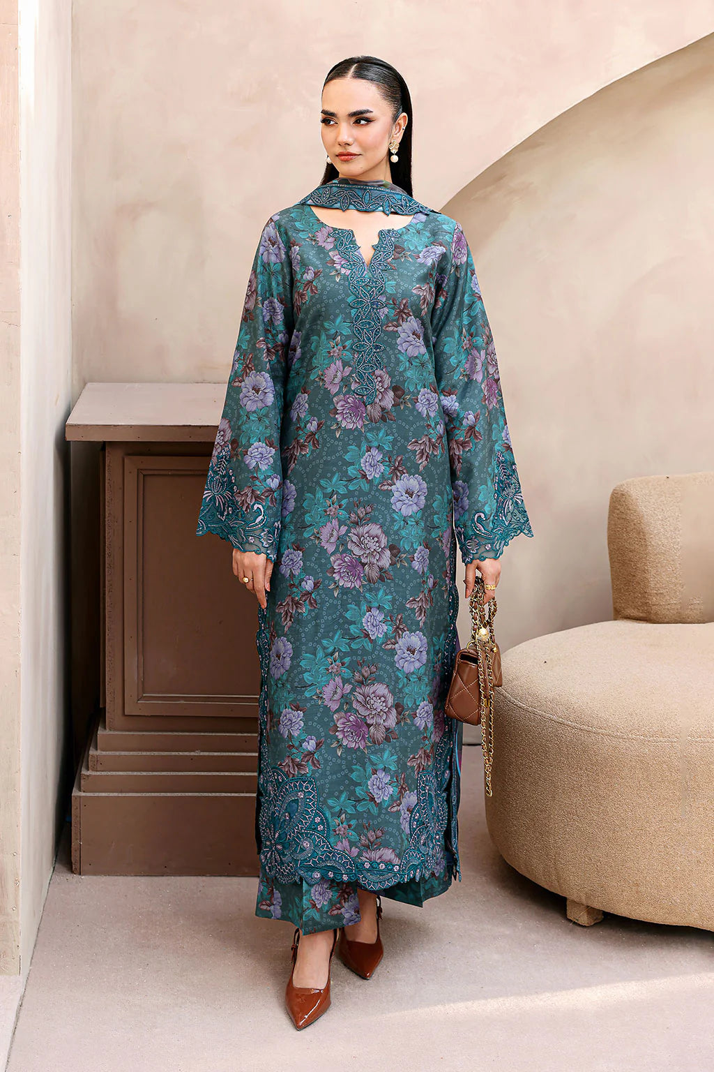 Ramsha RS-03 | Digital Printed Raw Silk 3-Piece Suit with Embroidered Organza Accents