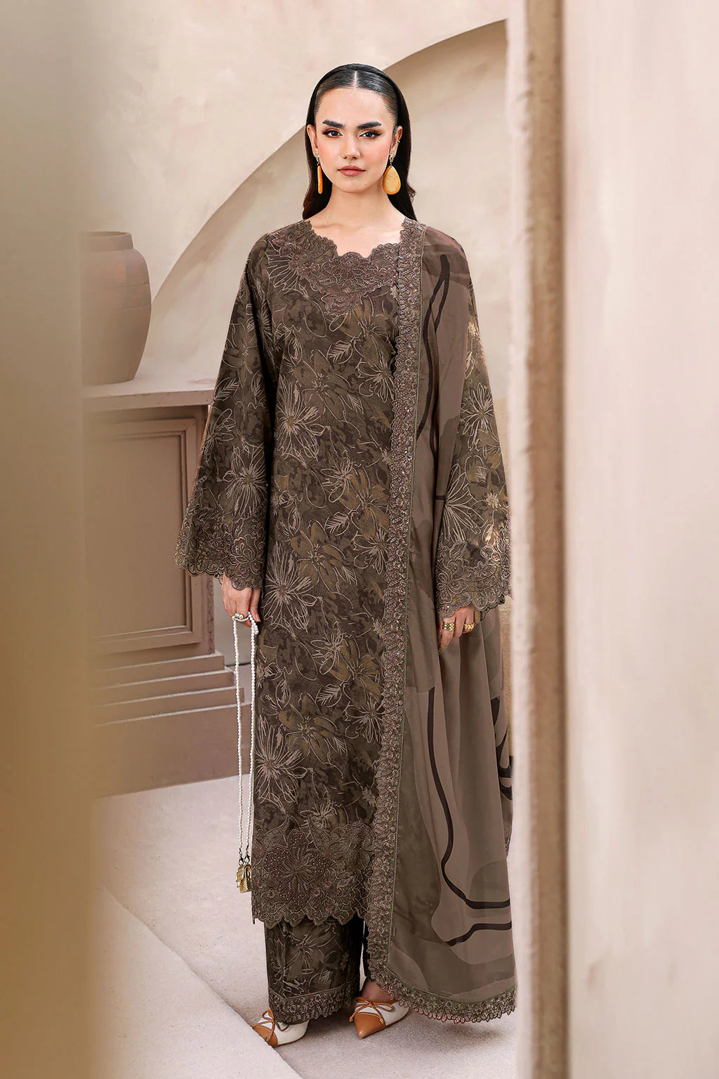 Ramsha RS-08 | Dark Brown Digital Printed Raw Silk 3-Piece Suit with Intricate Organza Embroidery