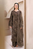 Ramsha RS-08 | Dark Brown Digital Printed Raw Silk 3-Piece Suit with Intricate Organza Embroidery