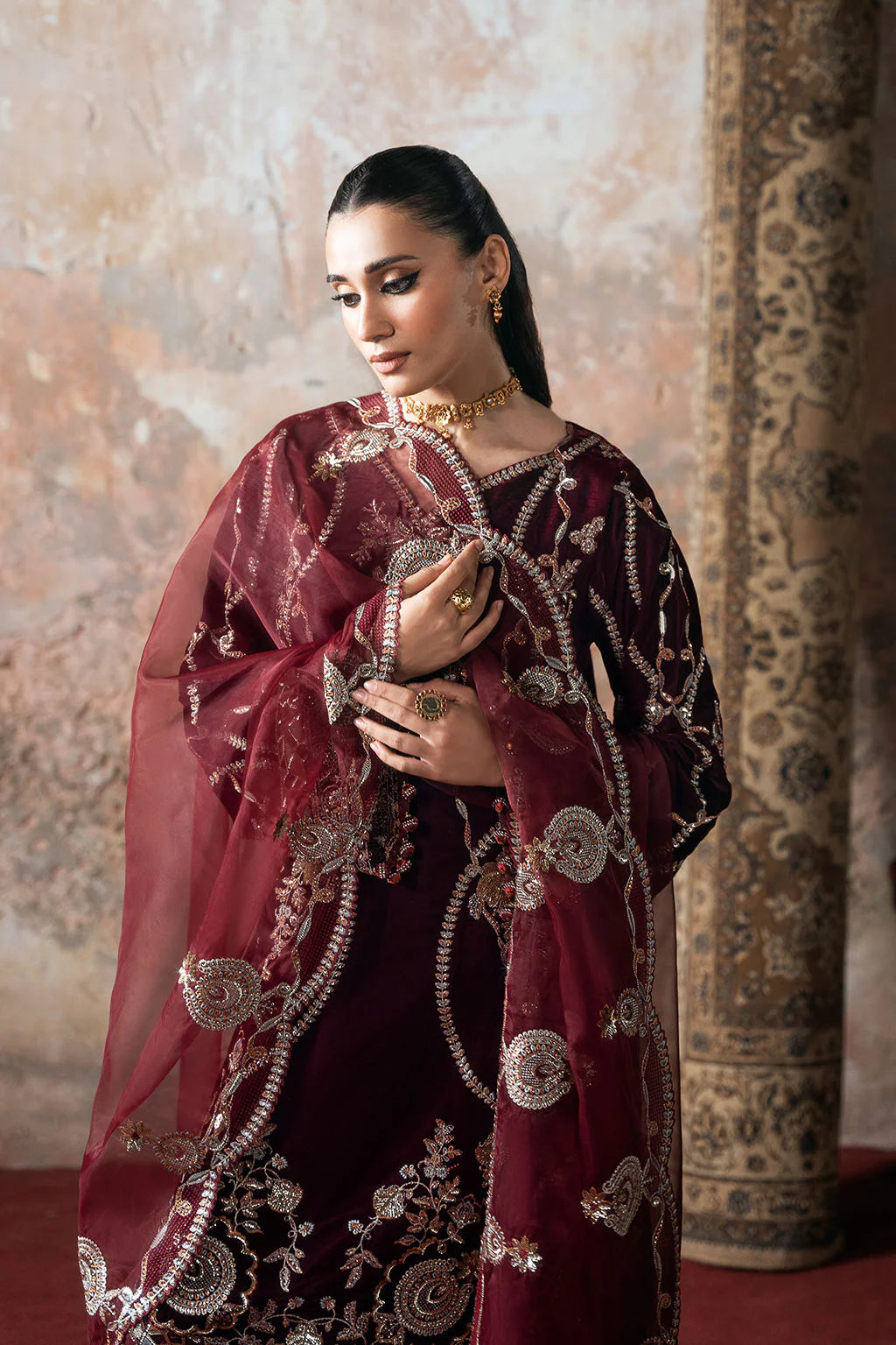 Ramsha V-701 | Luxury Embroidered Maroon Velvet 3-Piece Suit